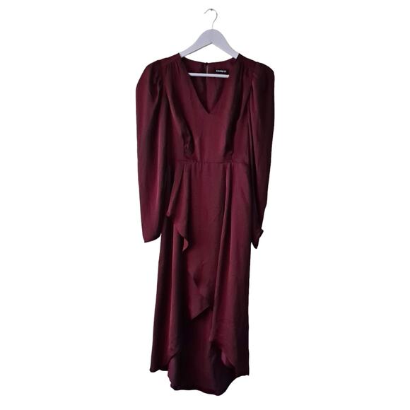 Express Dress Long Sleeve V Neck Wrap Ruffle Hi Lo Maxi Burgundy Red Size XS - Picture 1 of 11